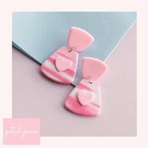 Pink and White Polymer Clay Drop Earrings Heart Love